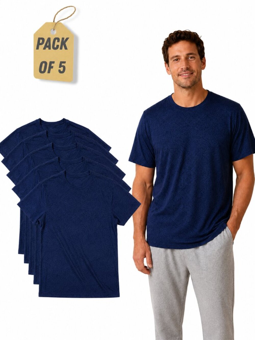 Men's 5-Pack Navy Blue Crew Neck T-Shirts, Plain Basic Short Sleeve Tee Bundle